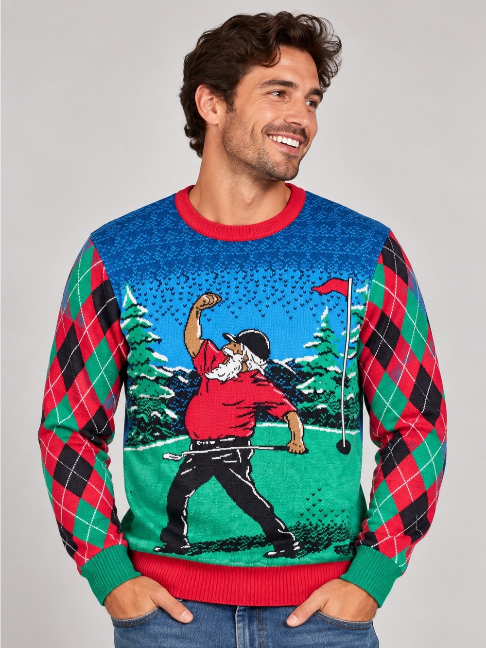 Ugly Christmas Party Mens Santa Golfing Sweater Argyle Sleeves Green Blue Small
